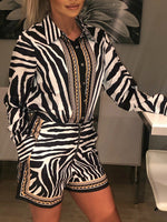 Women Zebra Print Buttoned Shirt & Zipper Short Sets