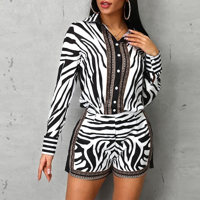 Women Zebra Print Buttoned Shirt & Zipper Short Sets